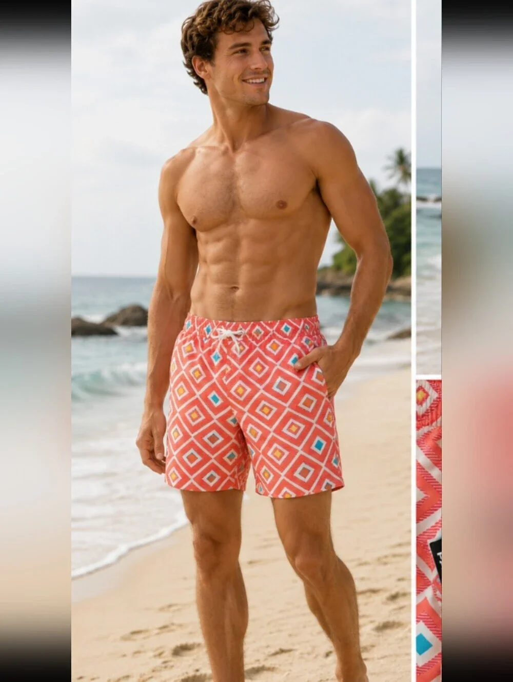 Malibu Beach Club Coral Geometric Print Swim Trunks NWT Size Medium